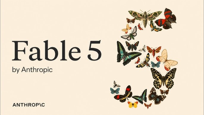 Claude Fable 5 and Mythos 5 logo overlay on a futuristic neural network visualization.